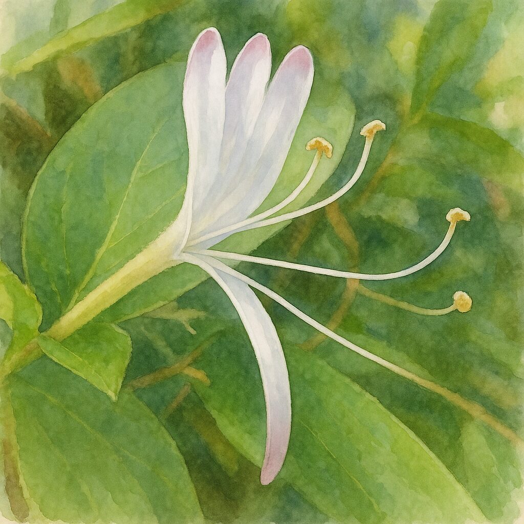 スイカズラの白い花を横構図で描いた水彩画風イラスト｜細い雄しべが伸びる繊細なスイカズラの花姿｜日本の初夏の植物イラスト