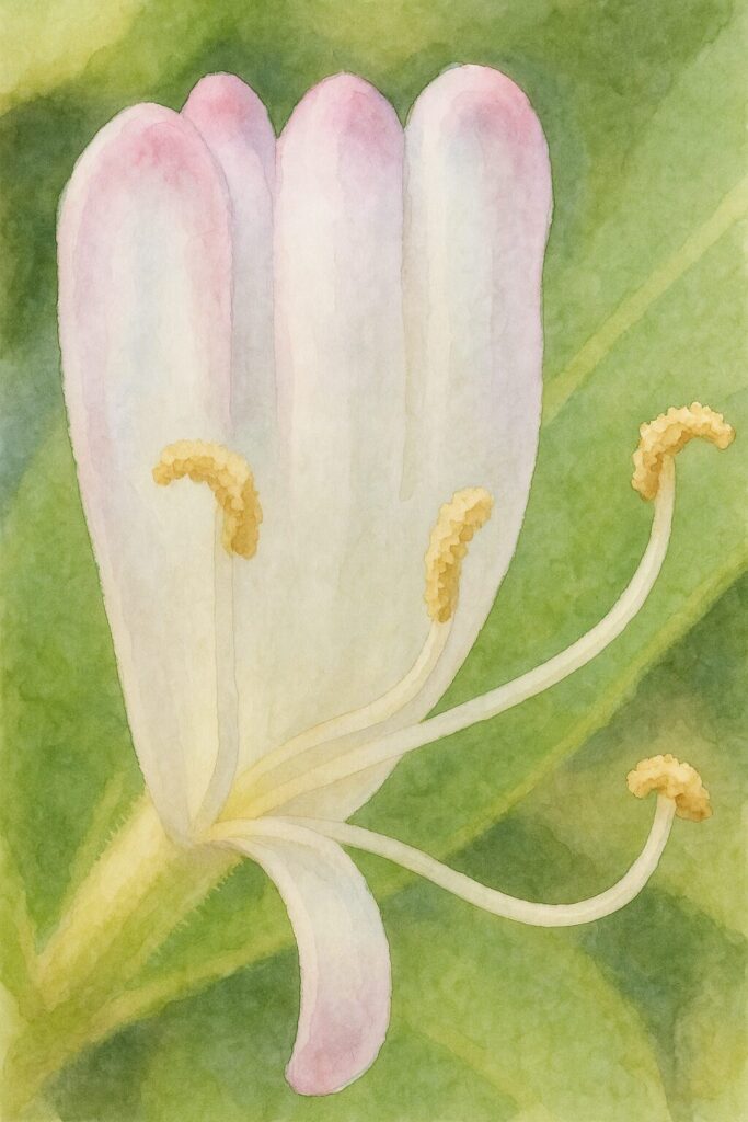 スイカズラの白い花を超接写で描いた水彩画風イラスト｜淡い桃色の花先と伸びる雄しべが美しいスイカズラ｜日本の初夏の植物イラスト