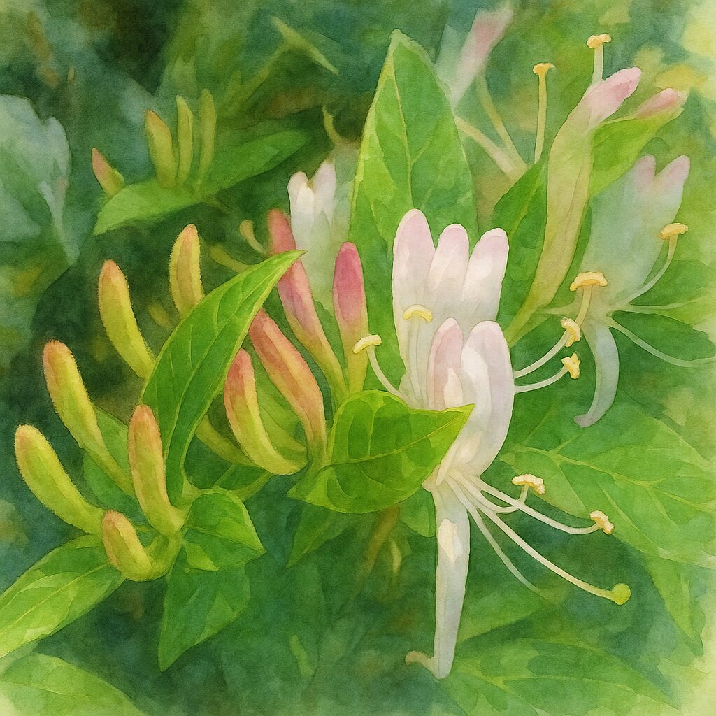 スイカズラの蕾と白い花を描いた水彩画風イラスト｜淡い桃色の蕾と咲き始めのスイカズラが美しい植物イラスト