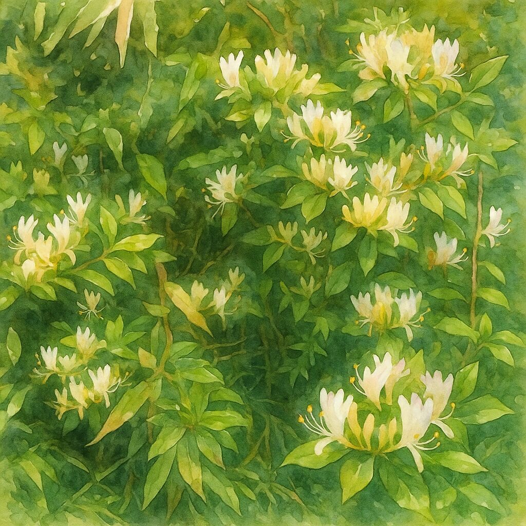 群生するスイカズラを描いた水彩画風イラスト｜白と淡黄色の花が茂み一面に広がるスイカズラの植物イラスト