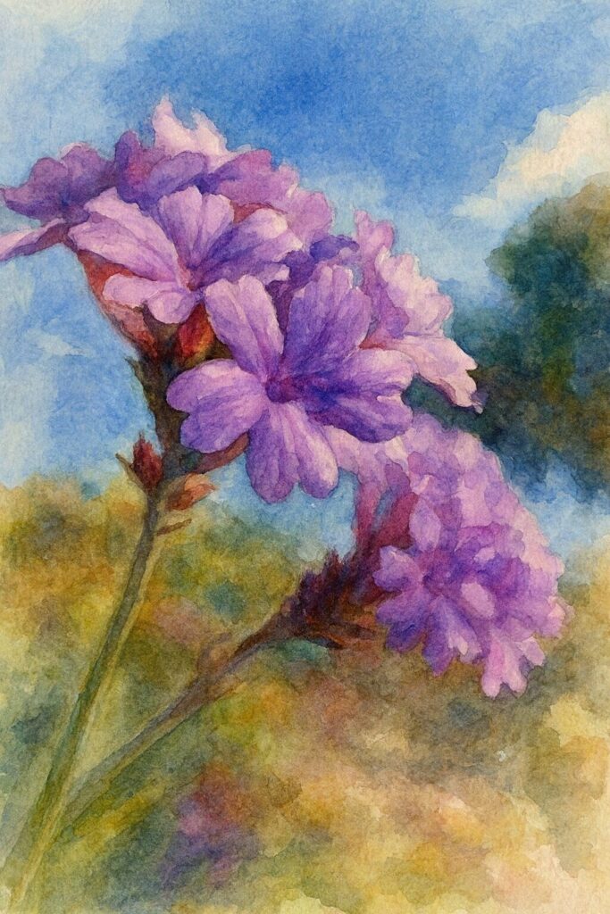 青空の下で紫色のシュッコンバーベナが咲く様子を描いた水彩画風イラスト