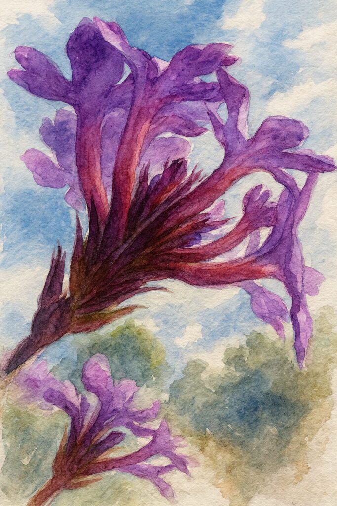青空の下で紫色のシュッコンバーベナを見上げる視点で描いた水彩画風イラスト