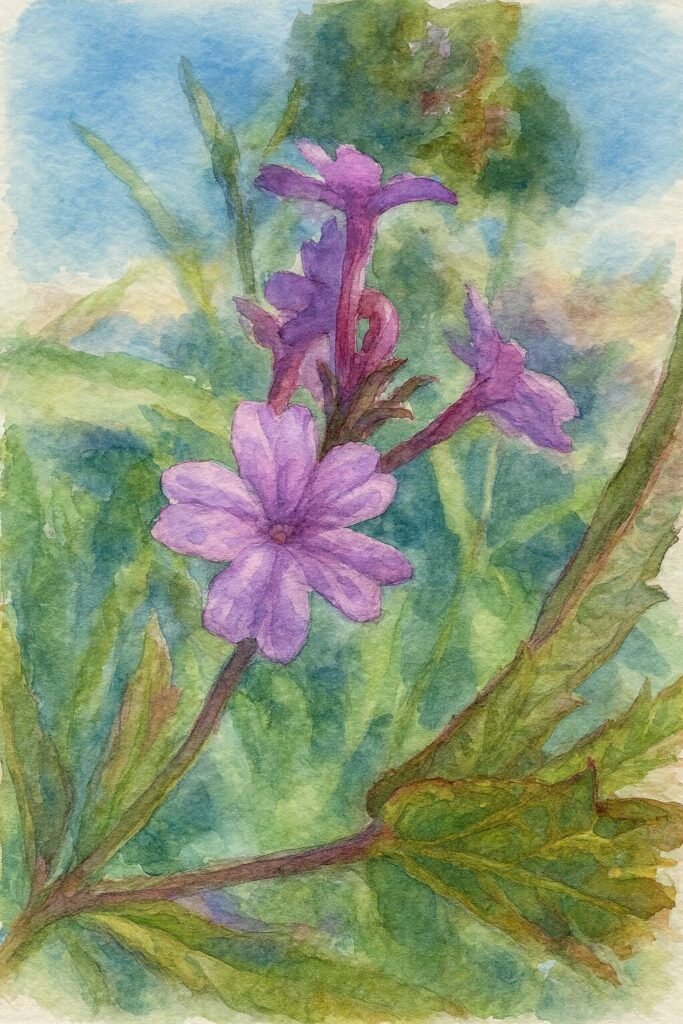 緑の葉の中で紫色のシュッコンバーベナが咲く様子を描いた水彩画風イラスト