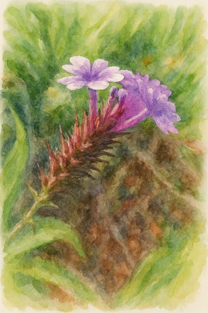 緑の草地に咲く紫色のシュッコンバーベナを描いた水彩画風イラスト