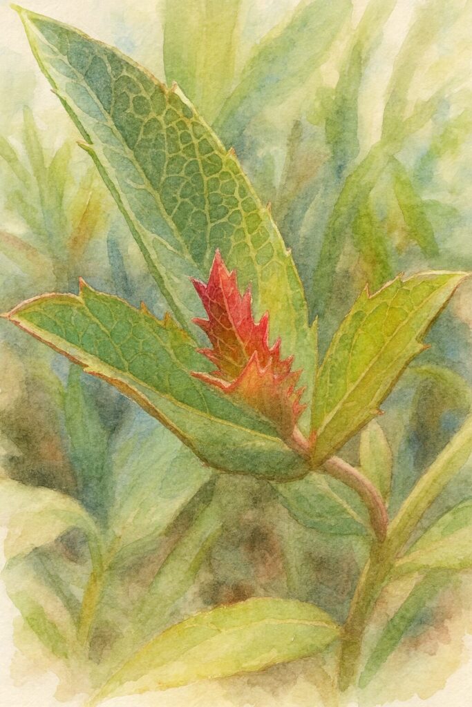 赤く色づいた若葉と緑の葉を丁寧に描いたシュッコンバーベナの新芽の水彩画風イラスト