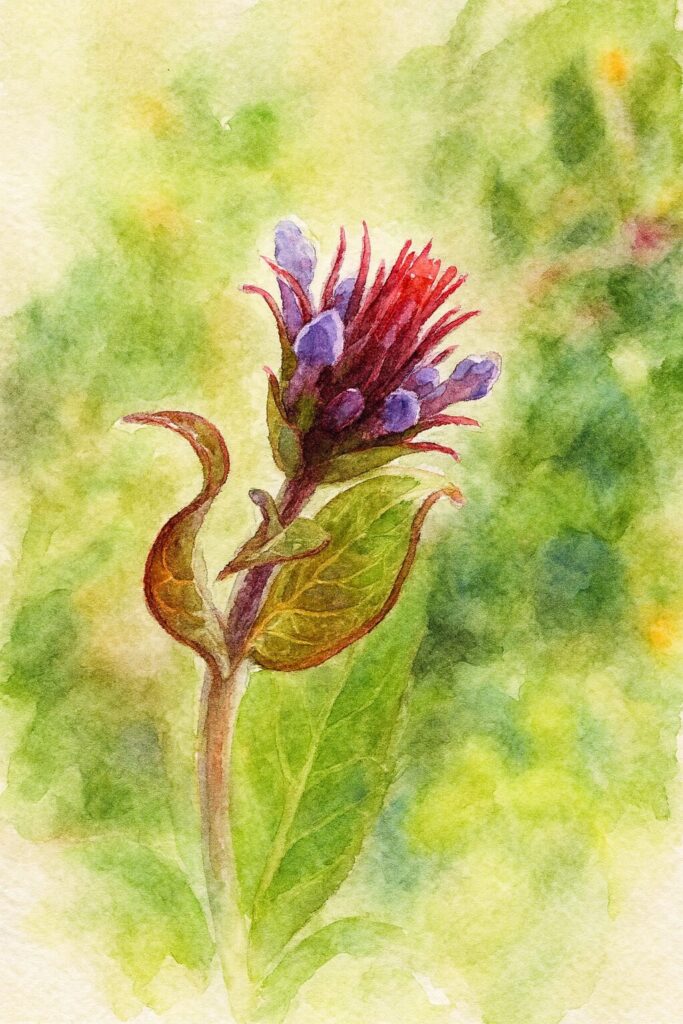 赤い萼と紫のつぼみを描いたシュッコンバーベナのつぼみの水彩画風イラスト