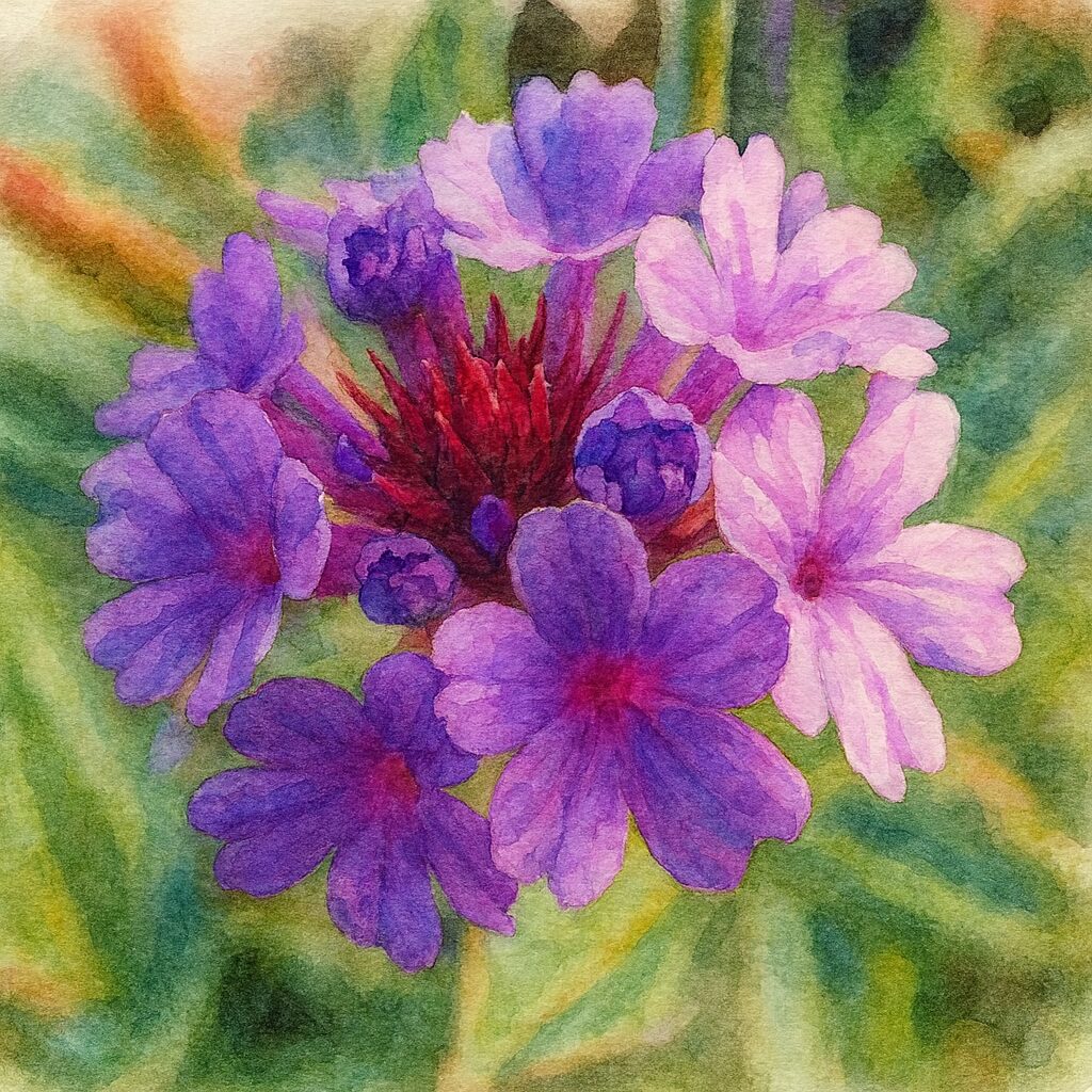 紫色のシュッコンバーベナが丸く咲く様子を柔らかい筆致で描いた水彩画風イラスト