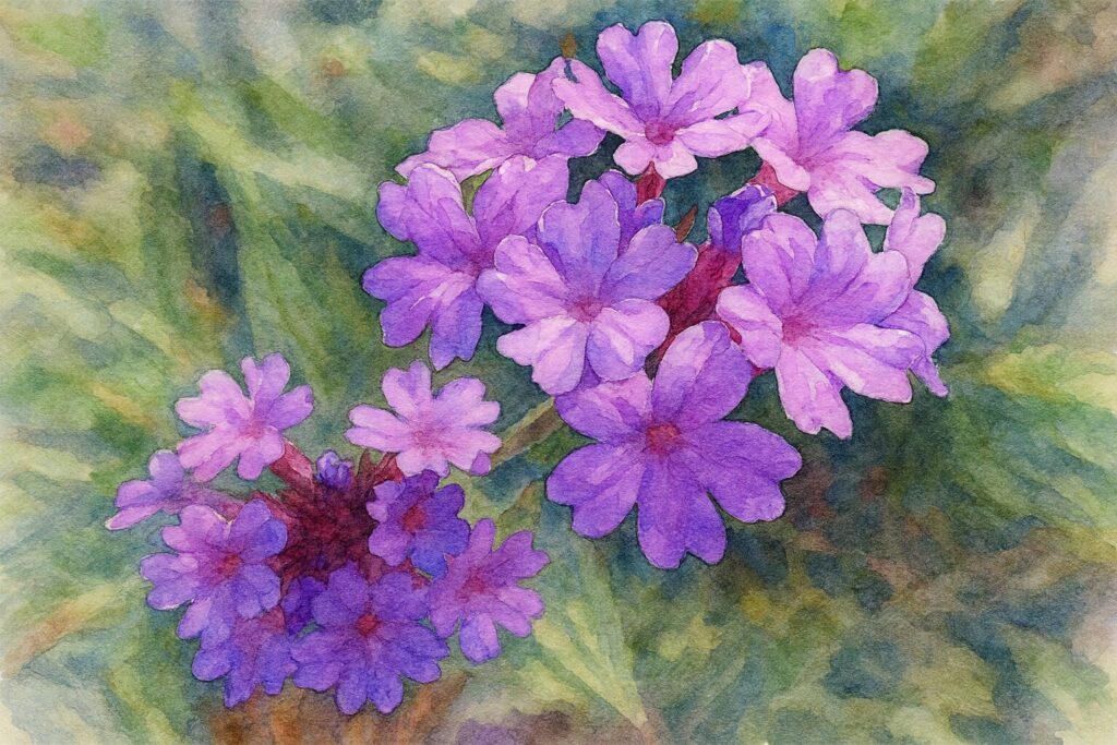 紫色のシュッコンバーベナが房状に咲く様子を柔らかく描いた水彩画風イラスト