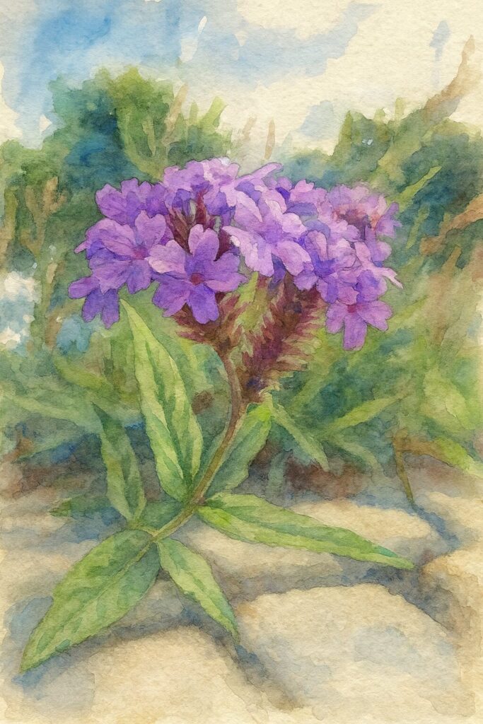 青空の下で紫色のシュッコンバーベナが咲く様子を柔らかい筆致で描いた水彩画風イラスト