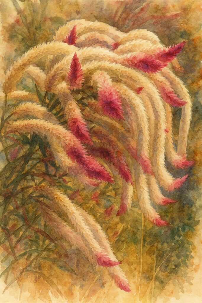 垂れ下がる細長いケイトウ（セロシア）の花穂を柔らかな色合いで表現した水彩画風イラスト