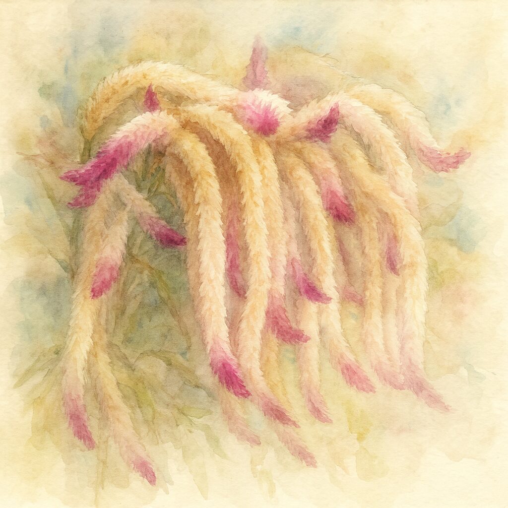 柔らかな色合いで細長いケイトウ（セロシア）の花穂が垂れ下がる姿を描いた水彩画風イラスト