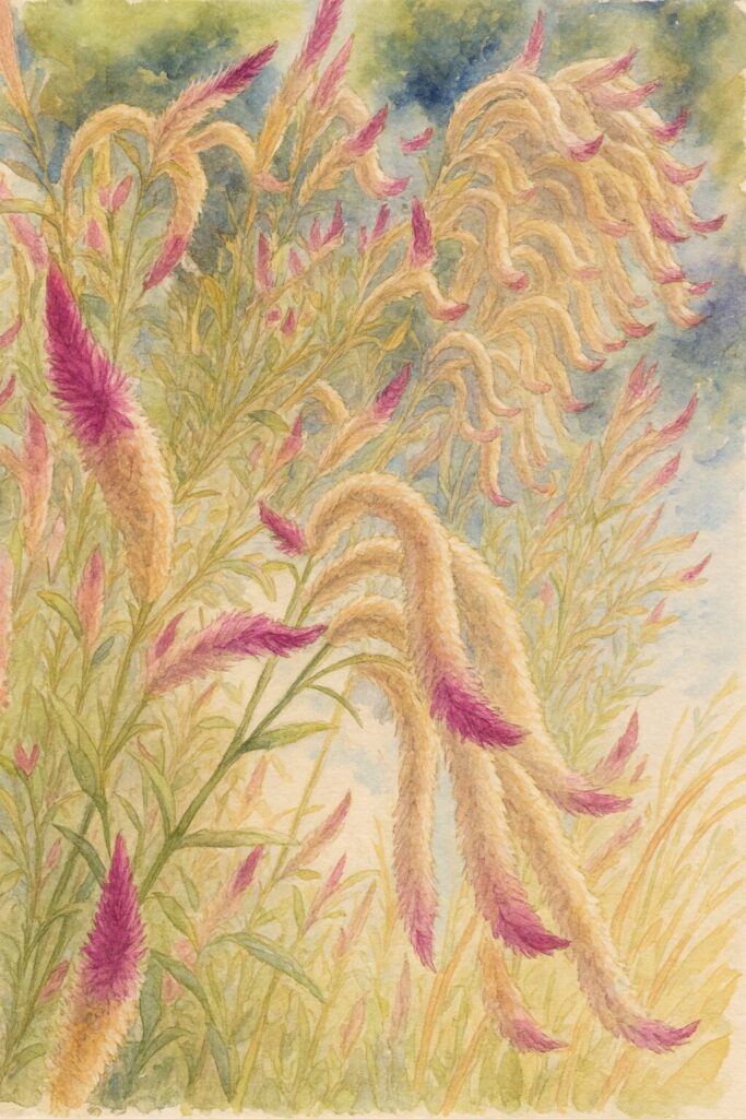 群生する細長いケイトウ（セロシア）の花穂を柔らかな色合いと筆致で表現した水彩画風イラスト