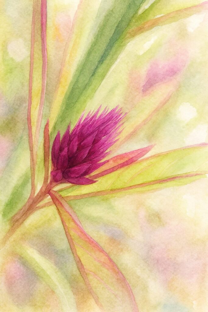 紫紅色のケイトウ（セロシア）の蕾を柔らかな光と色合いで描いた水彩画風イラスト