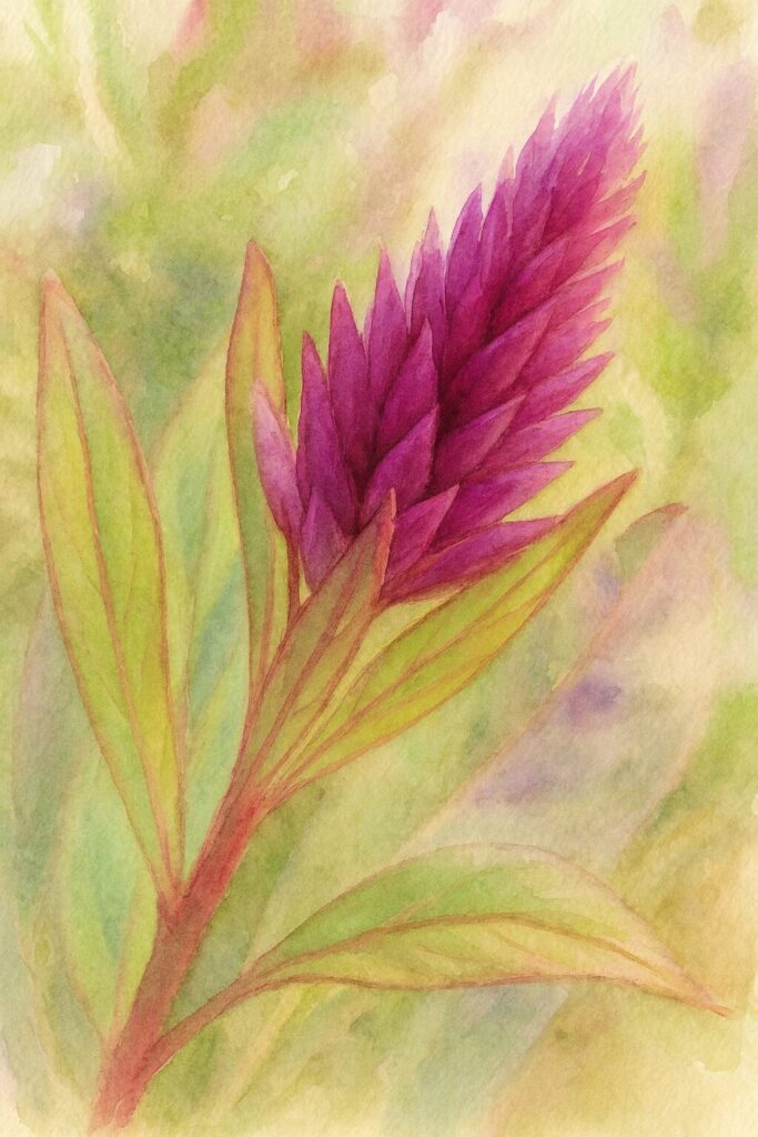 紫紅色のケイトウ（セロシア）の花穂を柔らかな筆致と淡い背景で描いた水彩画風イラスト