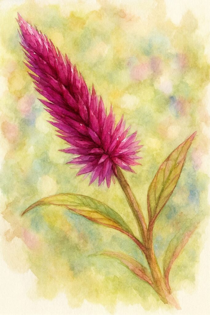 紫紅色のケイトウ（セロシア）の花穂を柔らかなぼかし背景とともに描いた水彩画風イラスト