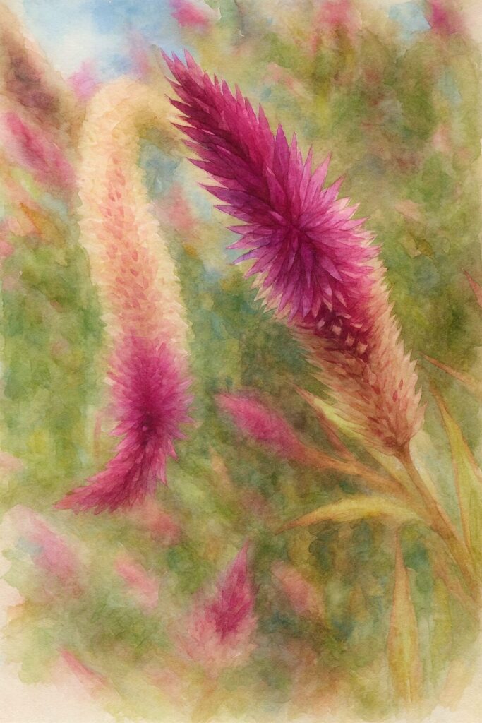 ピンク色のケイトウ（セロシア）の花穂を柔らかな色彩と背景ぼかしで表現した水彩画風イラスト