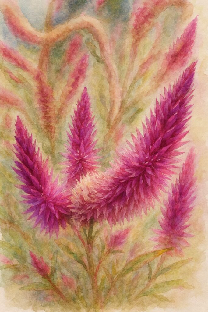 紫紅色のケイトウ（セロシア）の花穂を柔らかな色彩と背景ぼかしで表現した水彩画風イラスト