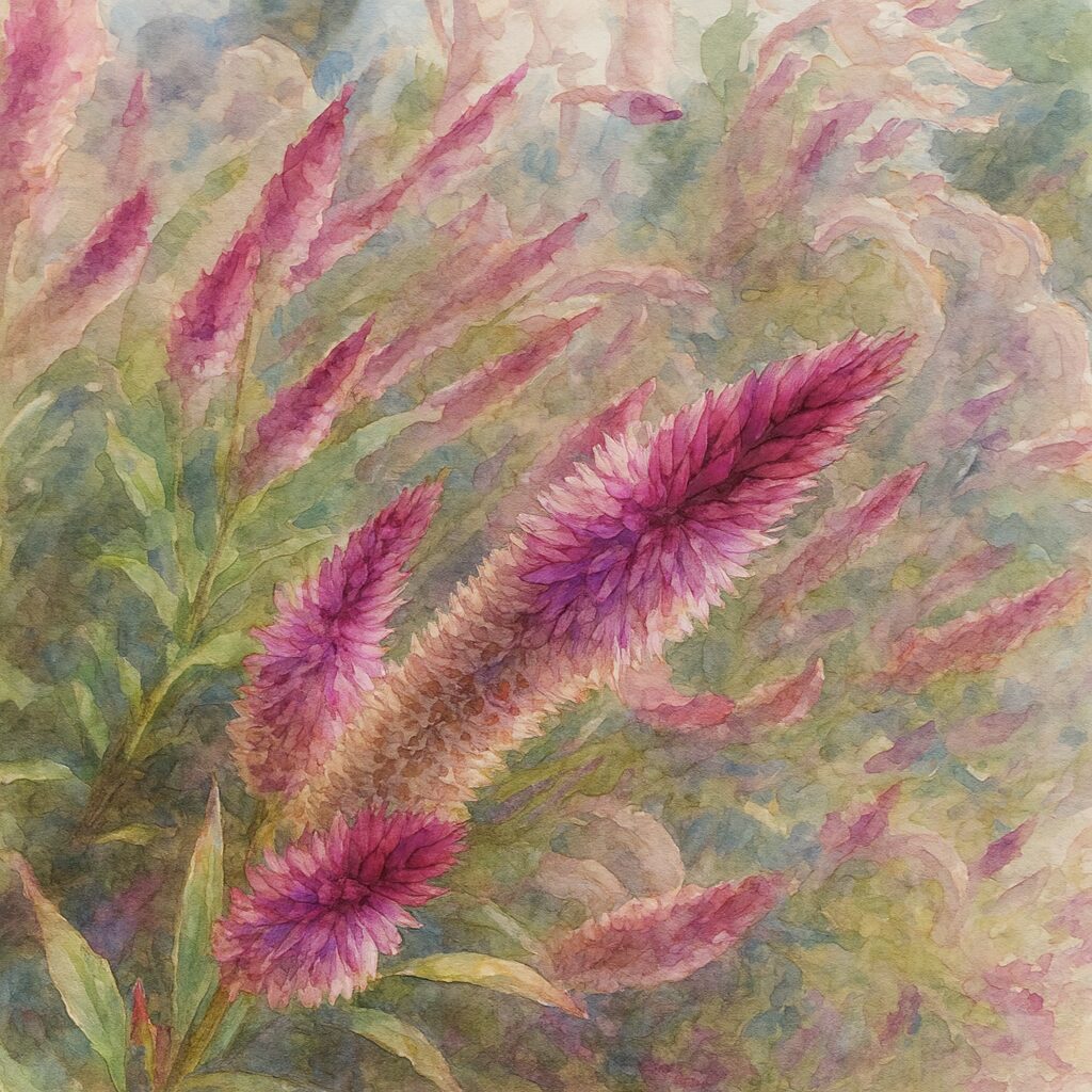 紫紅色のケイトウ（セロシア）の群生を柔らかな筆致と淡い背景で描いた水彩画風イラスト