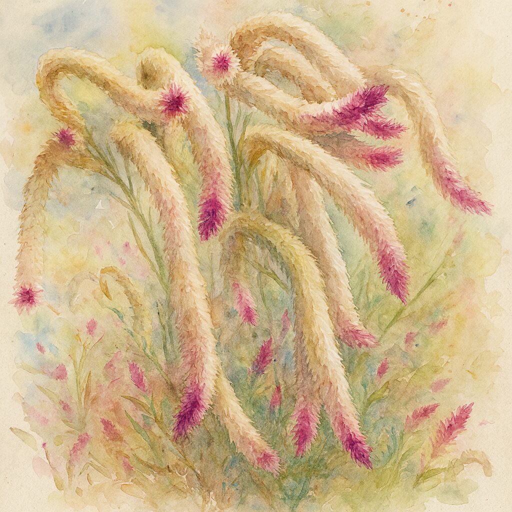 ピンク色の先端をもつ細長いケイトウ（セロシア）の花穂を柔らかな筆致と淡い背景で描いた水彩画風イラスト