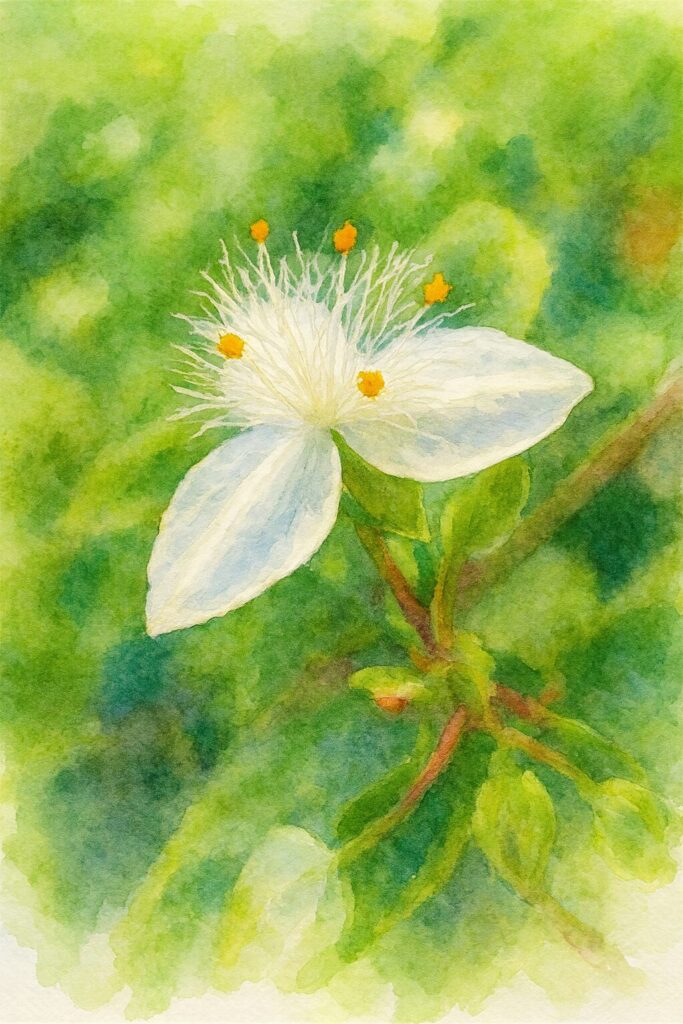 トキワツユクサの白い花を水彩画風に描いたイラスト。長い毛状の雄しべと黄色い葯が柔らかい筆致で表現された植物画