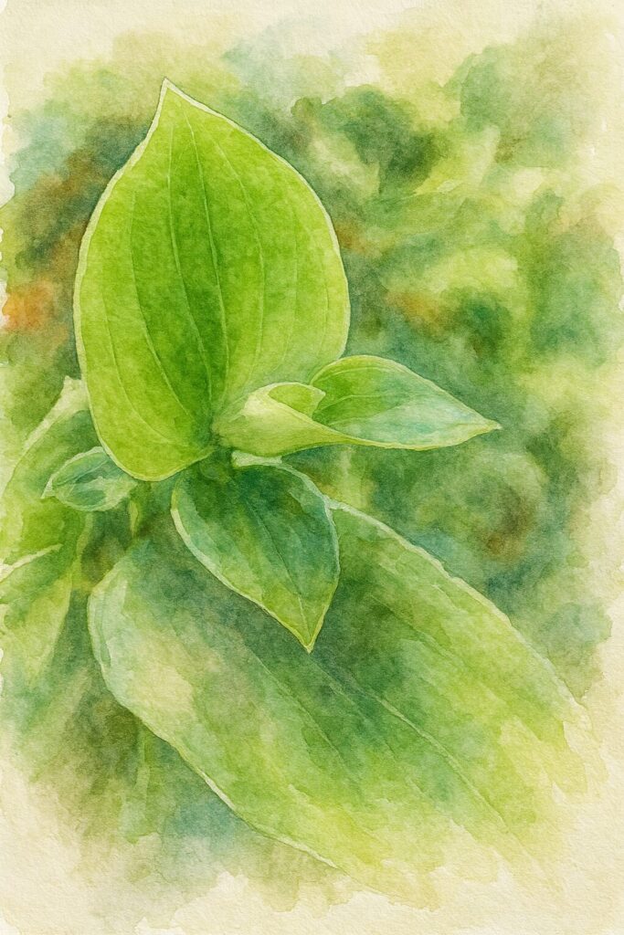 トキワツユクサの若い葉を水彩画風に描いた植物イラスト。淡い緑のグラデーションと繊細な葉脈が柔らかい筆致で表現されている