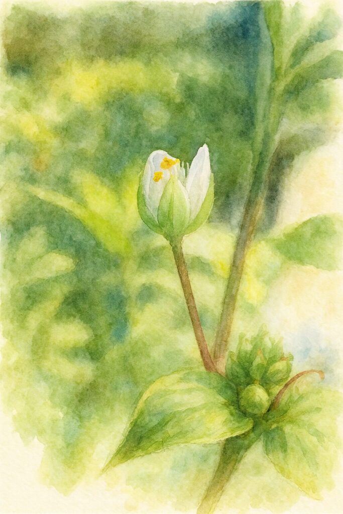 トキワツユクサの白い蕾が開き始めた瞬間を水彩画風に描いた植物イラスト。柔らかな筆致で蕾と背景の緑を表現した作品