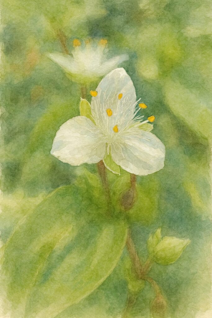 トキワツユクサの白い花を水彩画風に描いた植物イラスト。柔らかな背景の中で雄しべの細かな質感と白い花弁が丁寧に表現されている