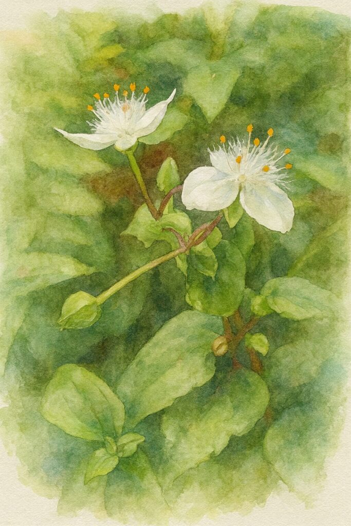 トキワツユクサの白い花が2輪咲く様子を水彩画風に描いた植物イラスト。柔らかな緑の背景に白い花弁と繊細な雄しべが際立つ表現