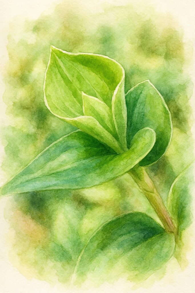 トキワツユクサの若葉を水彩画風に描いた植物イラスト。柔らかな緑のグラデーションと新芽の質感が丁寧に表現された作品