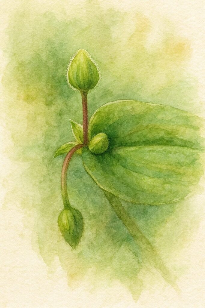 トキワツユクサの産毛に包まれた緑の蕾を水彩画風に描いた植物イラスト。柔らかな緑の背景と赤みのある花柄が優しく表現されている