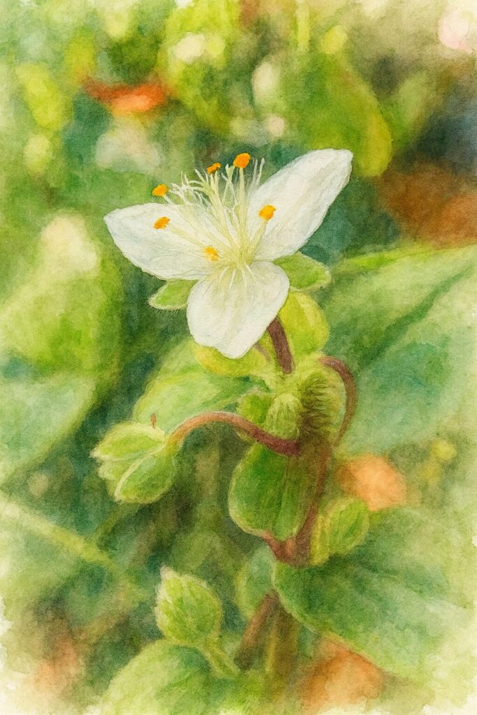 トキワツユクサの白い花を水彩画風に描いた植物イラスト。柔らかな光の中で白い花弁と細やかな雄しべが美しく表現された作品