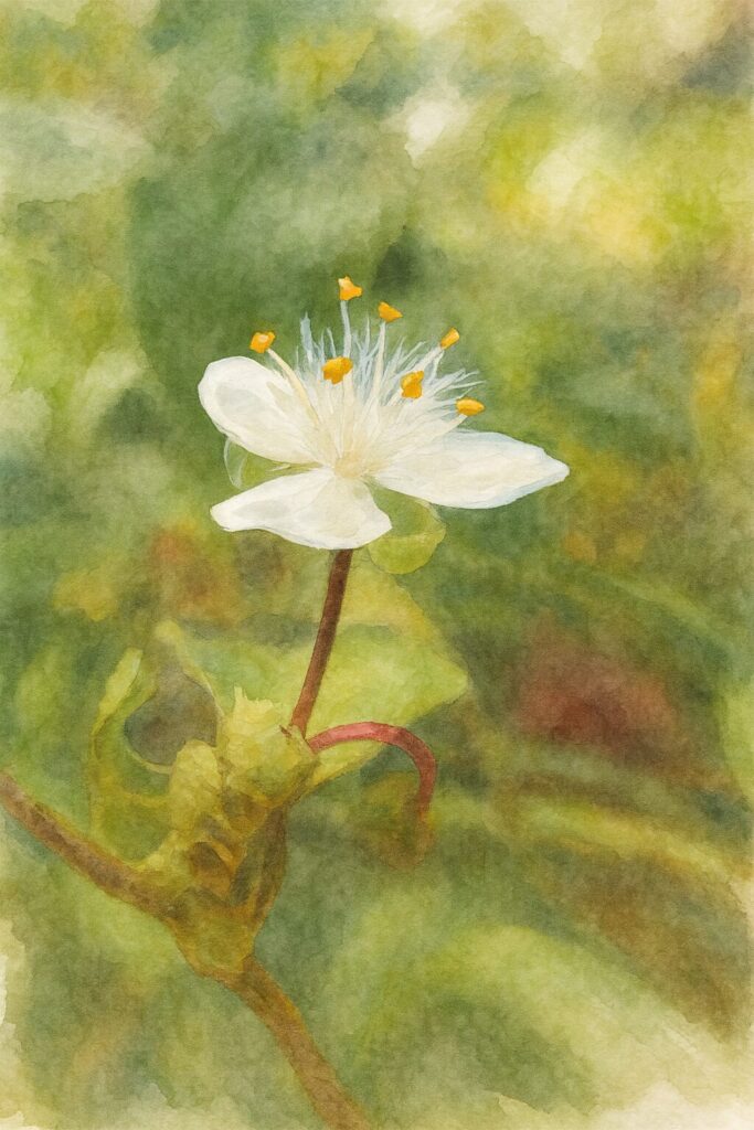 トキワツユクサの白い花を水彩画風に描いた植物イラスト。柔らかな緑の背景に白い花弁と毛状の雄しべが美しく表現されている