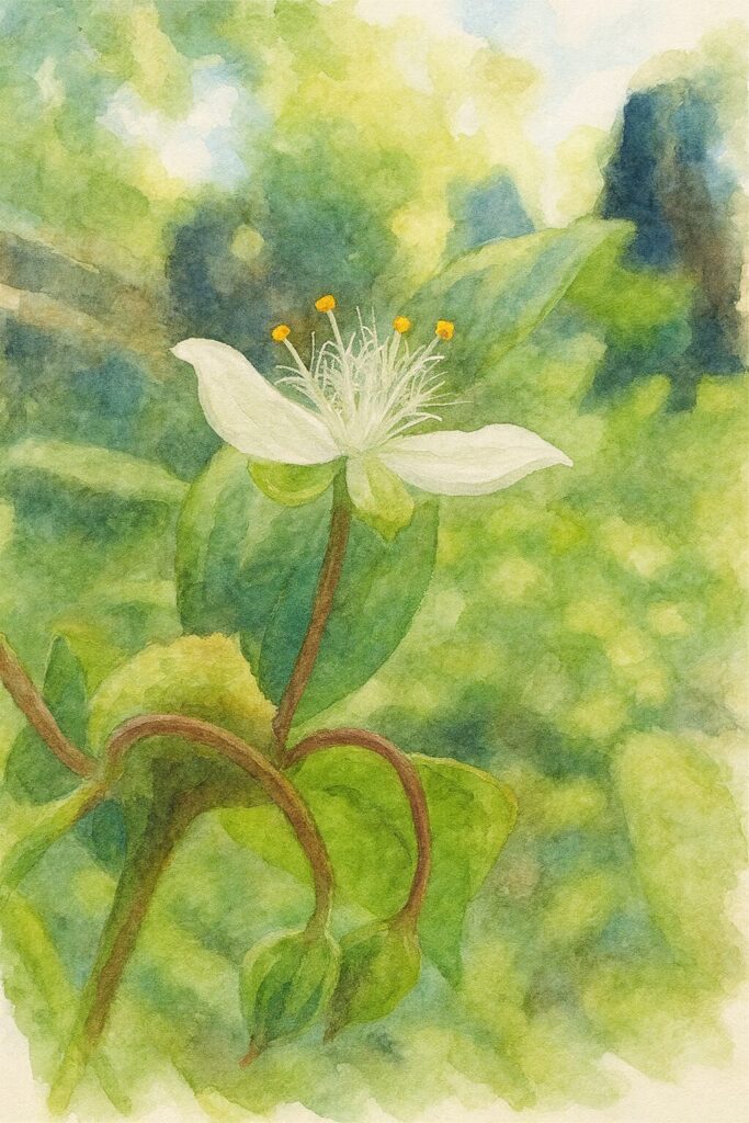 トキワツユクサの白い花を水彩画風に描いた植物イラスト。柔らかな光を受けて浮かび上がる白い花弁と毛状の雄しべが繊細に表現された作品
