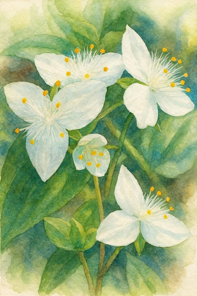 トキワツユクサの白い花が3輪並んで咲く姿を水彩画風に描いた植物イラスト。柔らかな筆致で白い花弁と細やかな雄しべが丁寧に表現された作品