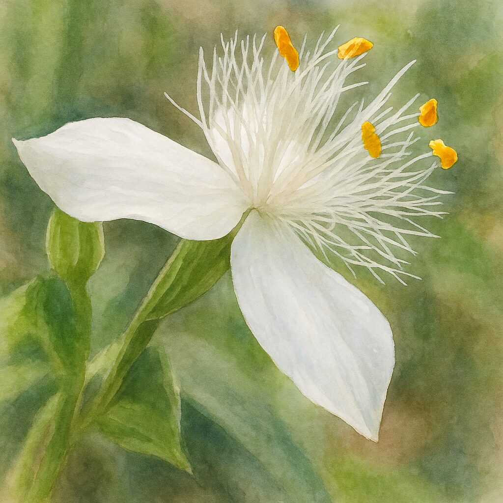 トキワツユクサの白い花を水彩画風に描いた植物イラスト。細い毛状の雄しべと白い花弁が柔らかな筆致で表現された作品