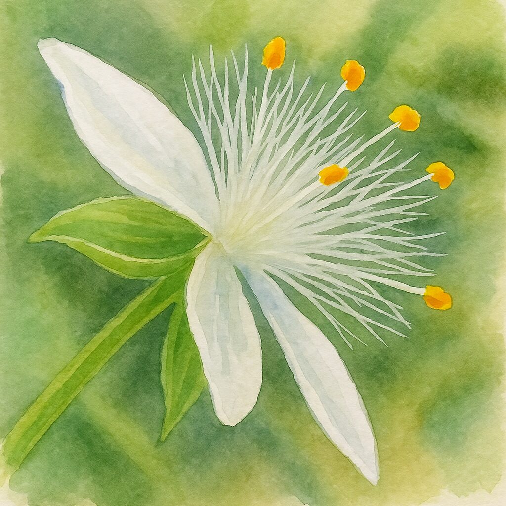 トキワツユクサの白い花を水彩画風に描いた植物イラスト。毛状の雄しべと白い花弁が柔らかな筆致で丁寧に表現された作品