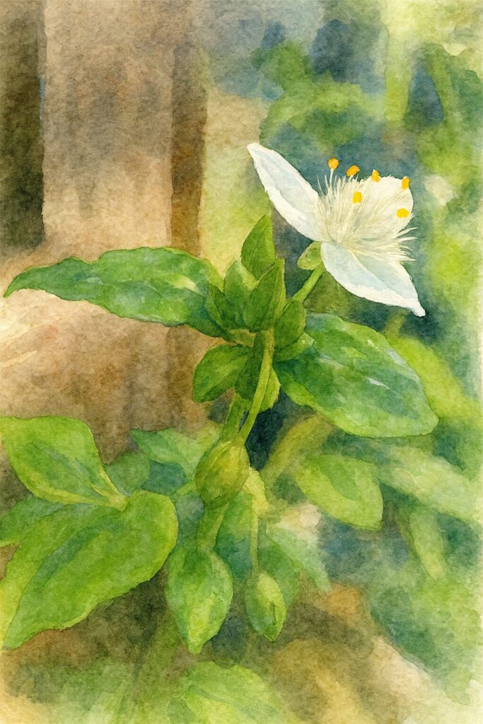 トキワツユクサの白い花と蕾を水彩画風に描いた植物イラスト。柔らかな筆致で緑の葉と白い花弁、繊細な雄しべが丁寧に表現された作品