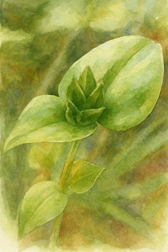 トキワツユクサの緑色の蕾を水彩画風に描いた植物イラスト。柔らかなグラデーションで若葉と蕾の質感が丁寧に表現された作品