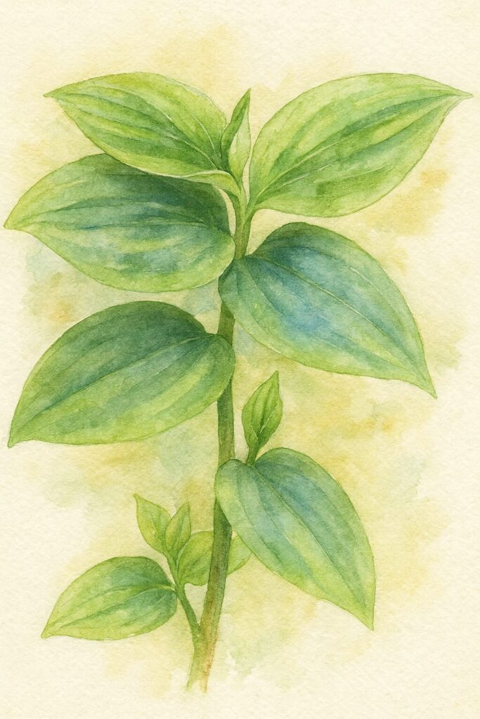 水彩画風に描いたトキワツユクサの葉姿のボタニカルイラスト