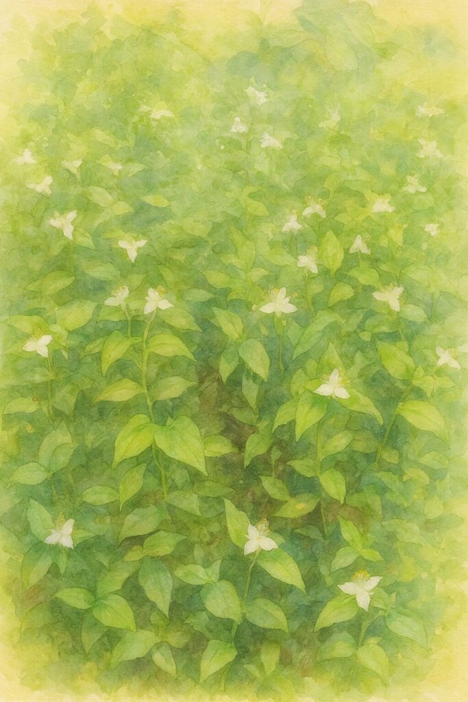 水彩画風に描かれたトキワツユクサの群生イラスト｜白い花と緑葉が広がるボタニカルアート｜Tradescantia fluminensis