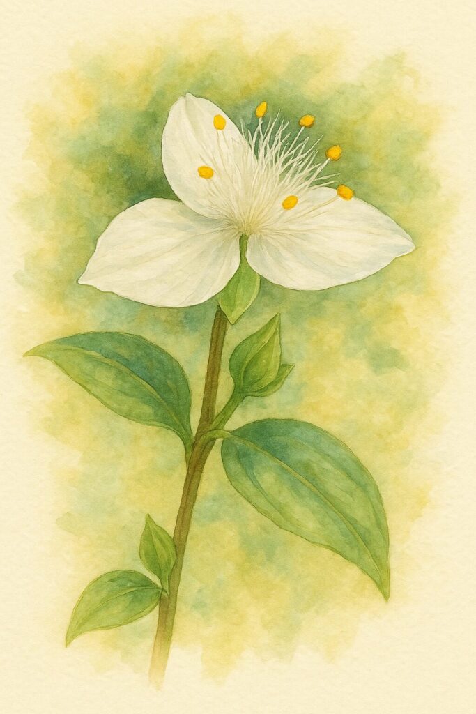 水彩画風に描いたトキワツユクサ（常盤露草）の白い花のボタニカルイラスト｜糸状の雄しべと黄色い葯を繊細に表現