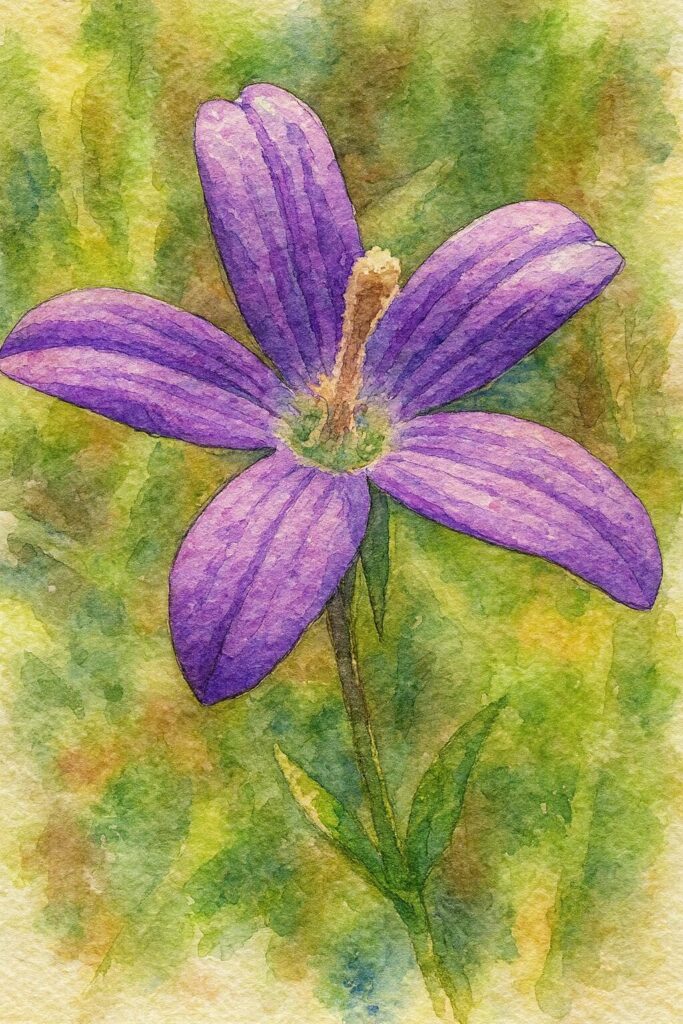 ヒナキキョウソウを水彩画風に描いたイラスト｜紫色の花弁が広がる野草の美しいボタニカルアート