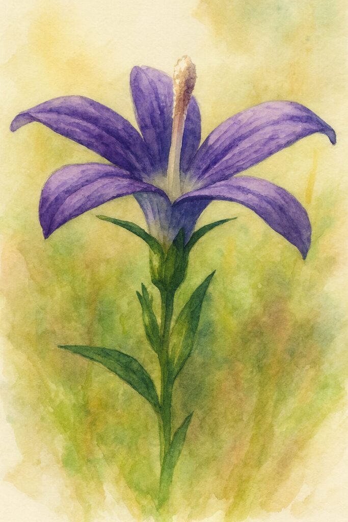 ヒナキキョウソウを水彩画風に描いたボタニカルイラスト｜紫色の花弁が広がる繊細な野草をやわらかな筆致で表現