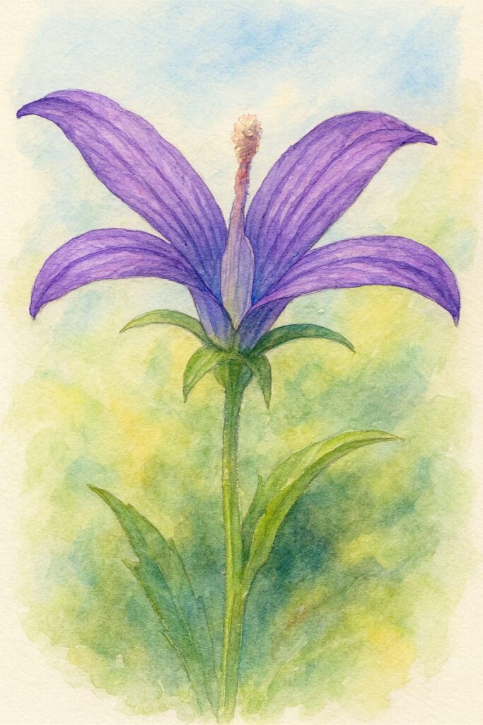 ヒナキキョウソウを水彩画風に描いたボタニカルアート｜青空を背景に紫色の花弁が広がる可憐な野草のイラスト