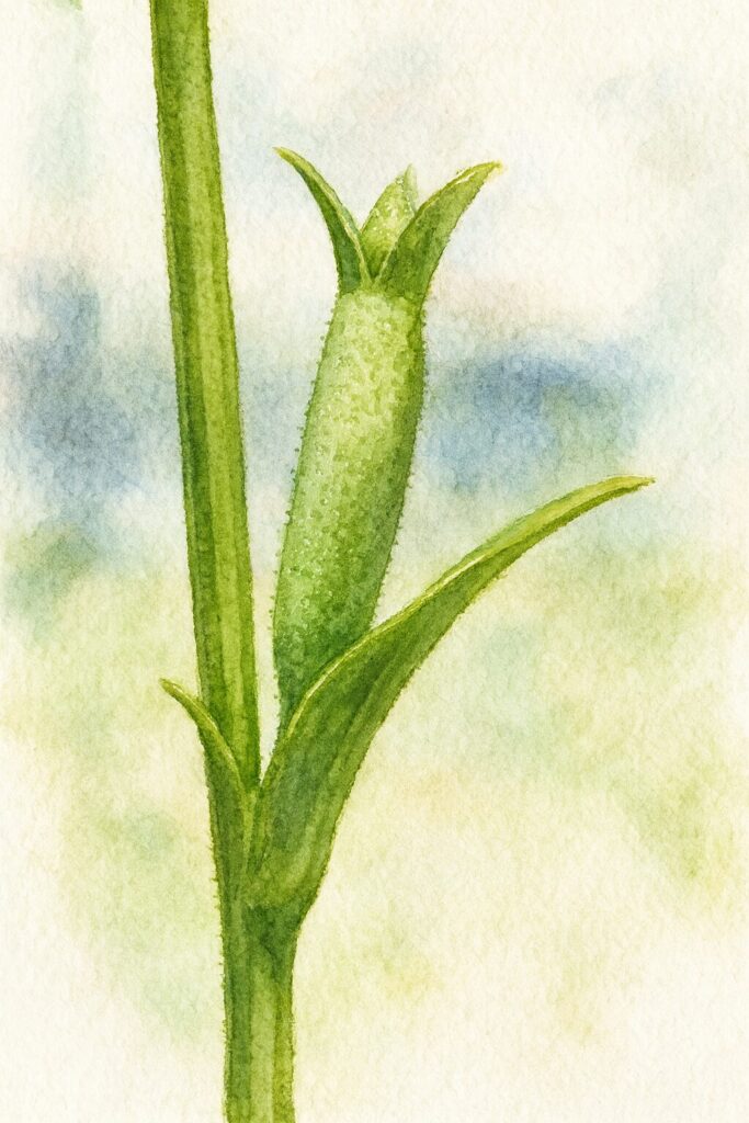 ヒナキキョウソウの萼と子房を水彩画風に描いたボタニカルイラスト｜毛のある緑の子房と鋭い萼片をやわらかな筆致で表現