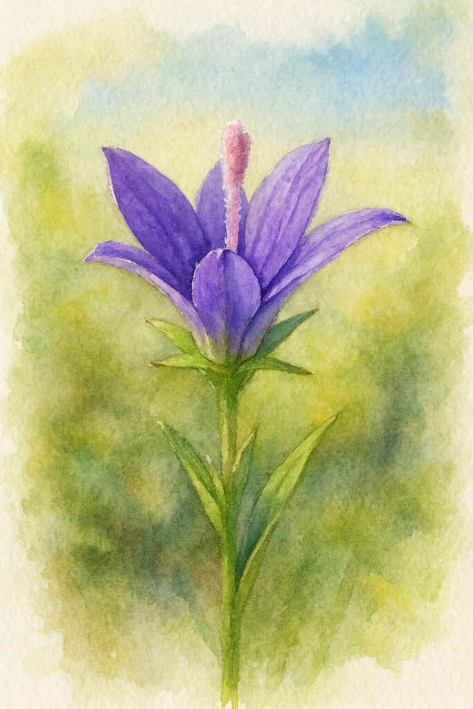 ヒナキキョウソウを水彩画風に描いたボタニカルイラスト｜半開きの紫色の花弁と中央の雄しべを柔らかな筆致で表現