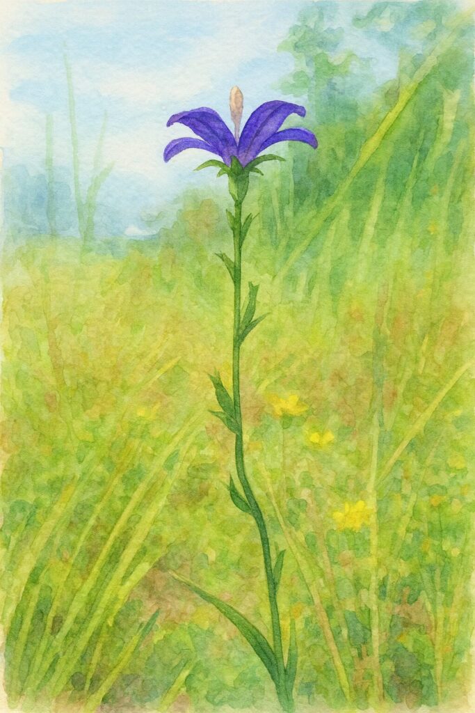 草地に咲くヒナキキョウソウを水彩画風に描いたボタニカルイラスト｜細長い茎と紫色の花が柔らかな色彩で表現された野草