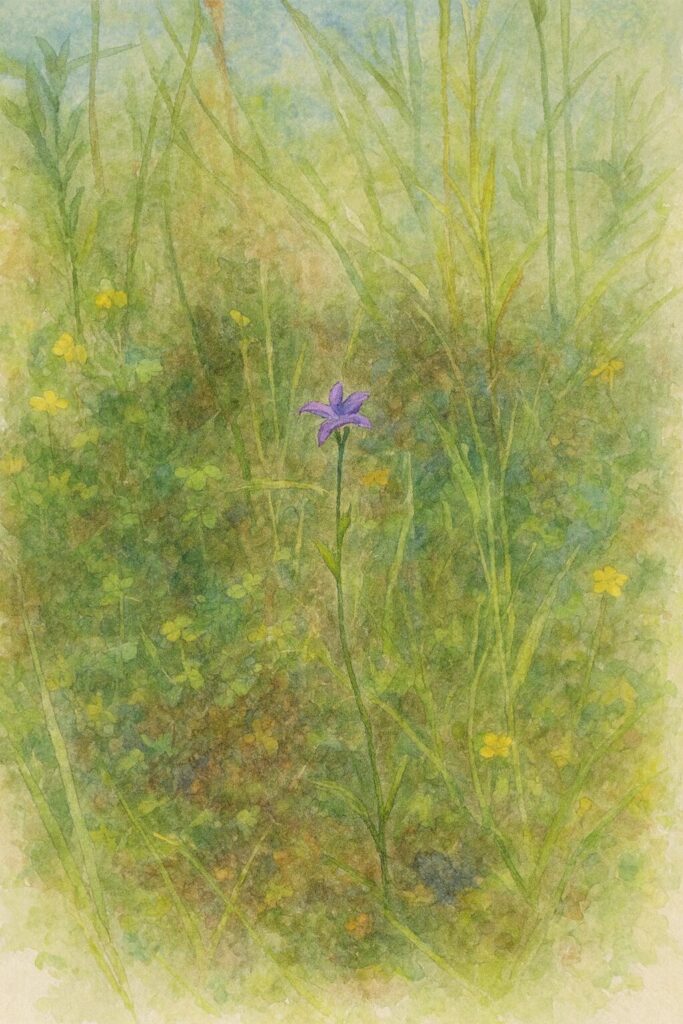 草地に咲くヒナキキョウソウを水彩画風に描いたボタニカルイラスト｜緑の草むらと黄花の中で紫色の小花がアクセントになる野草風景