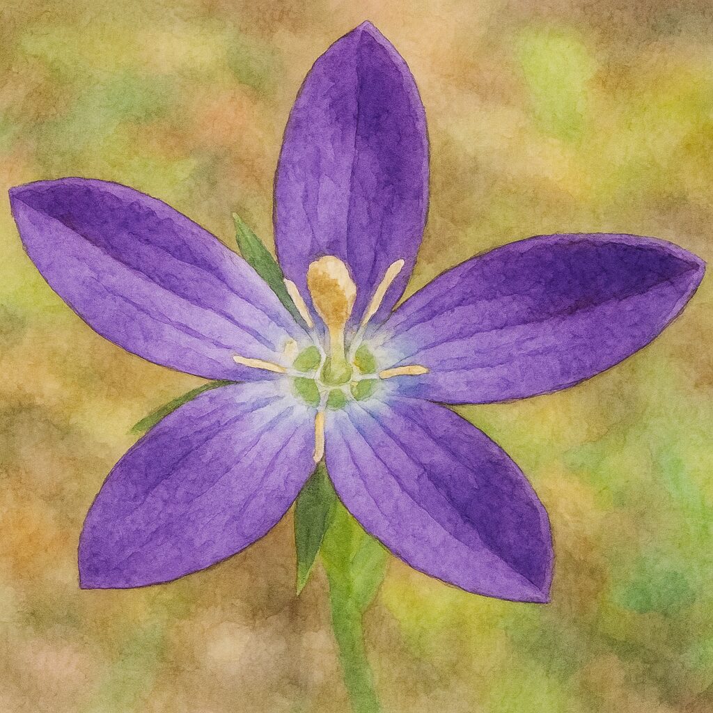 ヒナキキョウソウの花を水彩画風に描いたボタニカルイラスト｜鮮やかな紫色の5枚の花弁と中心部の雄しべを繊細に表現した野草アート