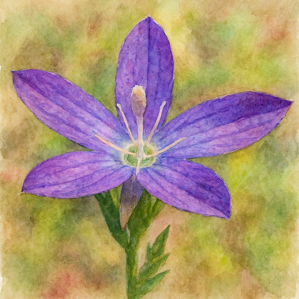 ヒナキキョウソウの花を水彩画風に描いたボタニカルイラスト｜鮮やかな紫色の5枚の花弁と中心の雄しべを繊細に表現した野草アート